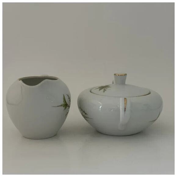 FINE CHINA OF JAPAN, Creamer & Sugar Bowl w/Lid, White with Pink, Green & Brown - Picture 4 of 15